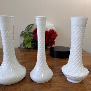 Vintage Milk Glass Vase Trio – Diamond Quilt Wedding‎ Centrepiece Set